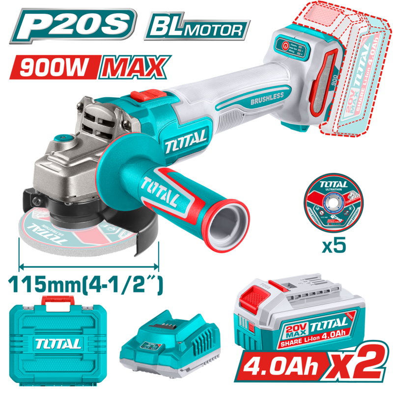 MOLADORA A BATERIA 20V 115MM (900W MAX) BL - 2BAT/CAR - TAGLI261522 - TOTAL