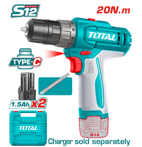 TALADRO ATORNILLADOR A BATERÍA 12V  20NM C/ MALETIN 2BAT - TDLI12206 TOTAL